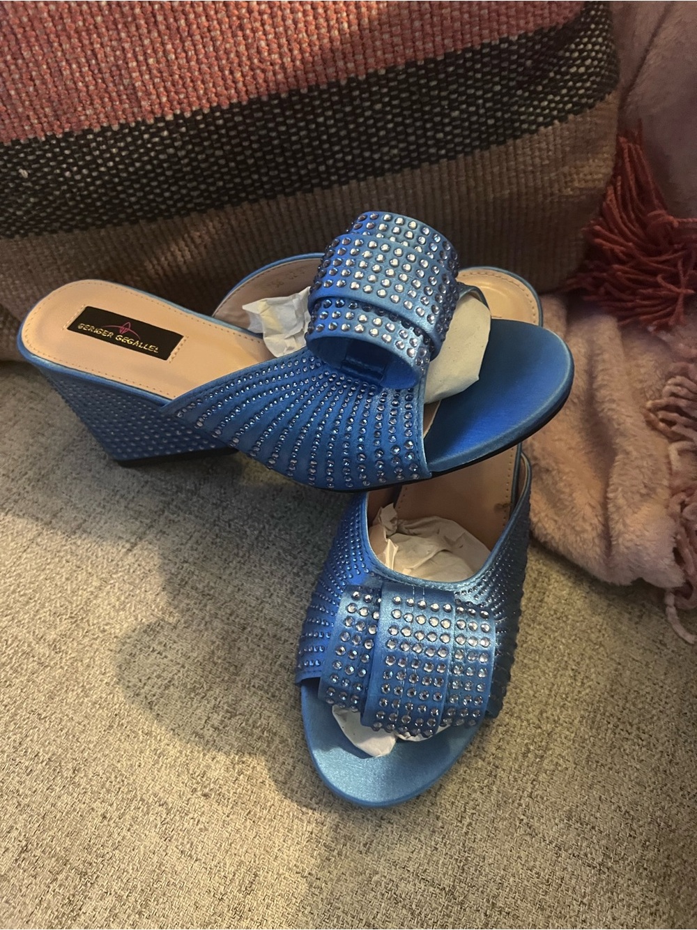 SHEIN Blue Rhinestone Wedge Slide Mules